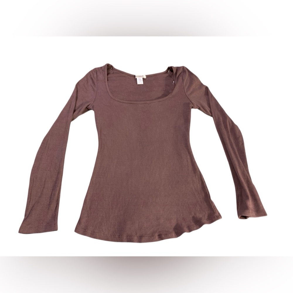 Bozzolo Brown Ribbed Knit Scoop Neck Long Sleeves Shirt Top Medium, Boho, Y2K